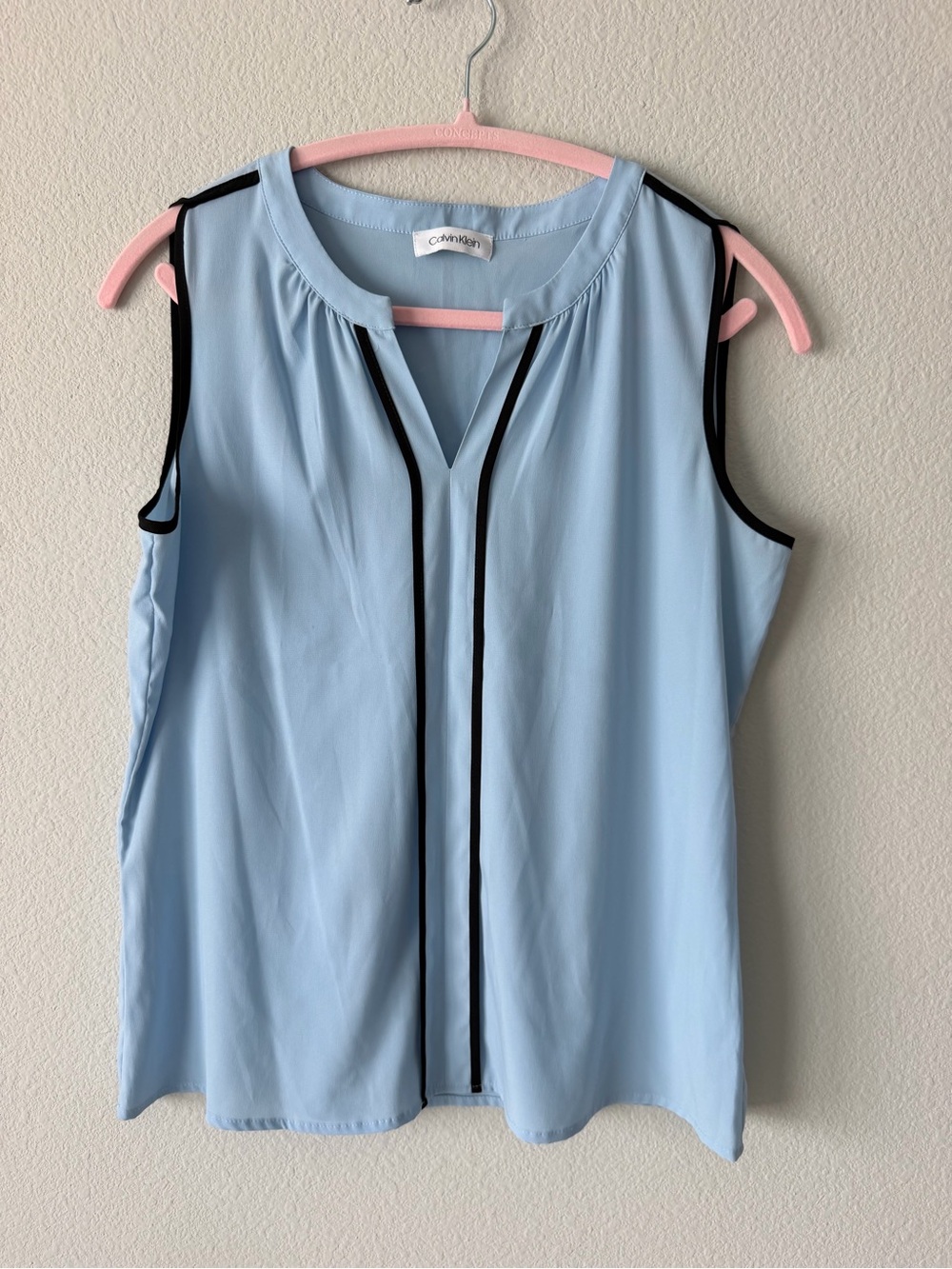 Calvin Klein Light Blue Sleeveless Top with Black Piping Career Office  Blouse